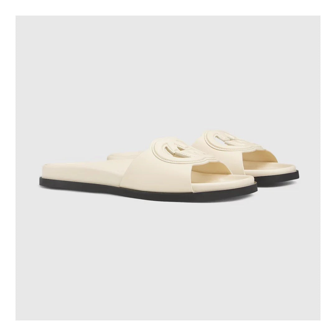 Gucci Jane Embroidered Cotton Flat Slide Sandals White & Cream
