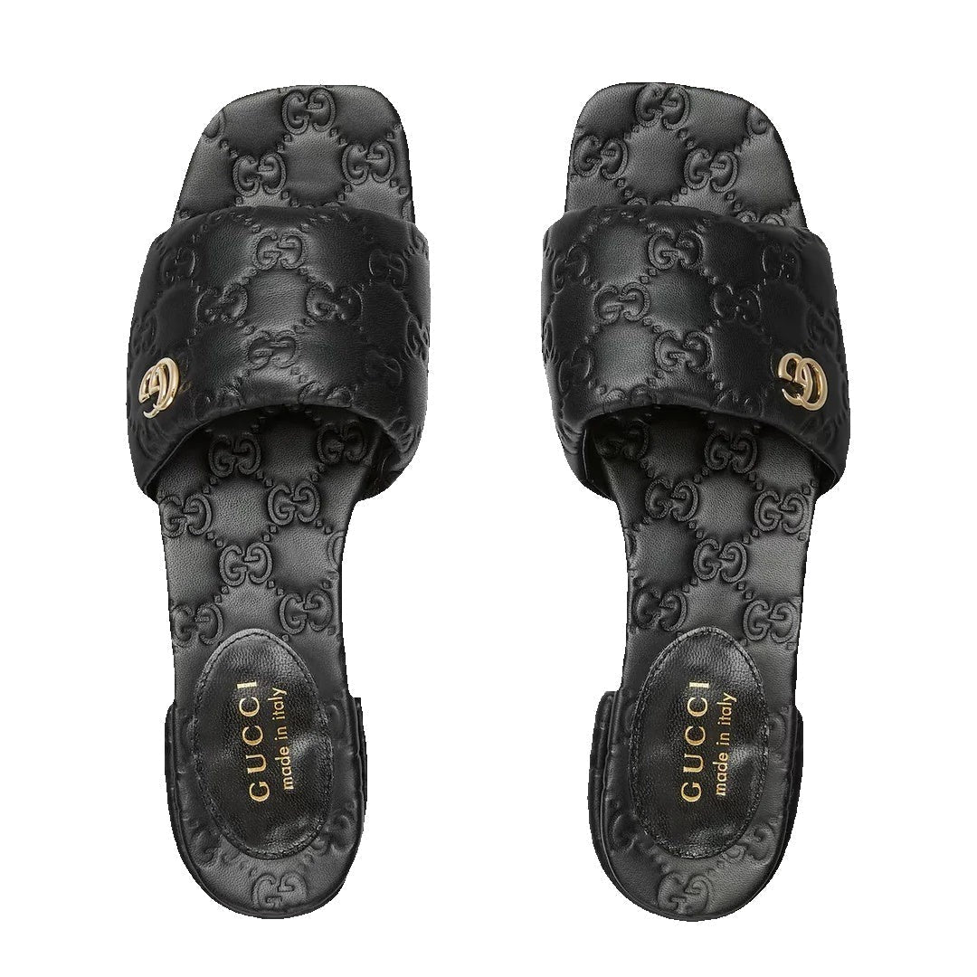 Gucci Slide Sandal With Double G, Leather Black