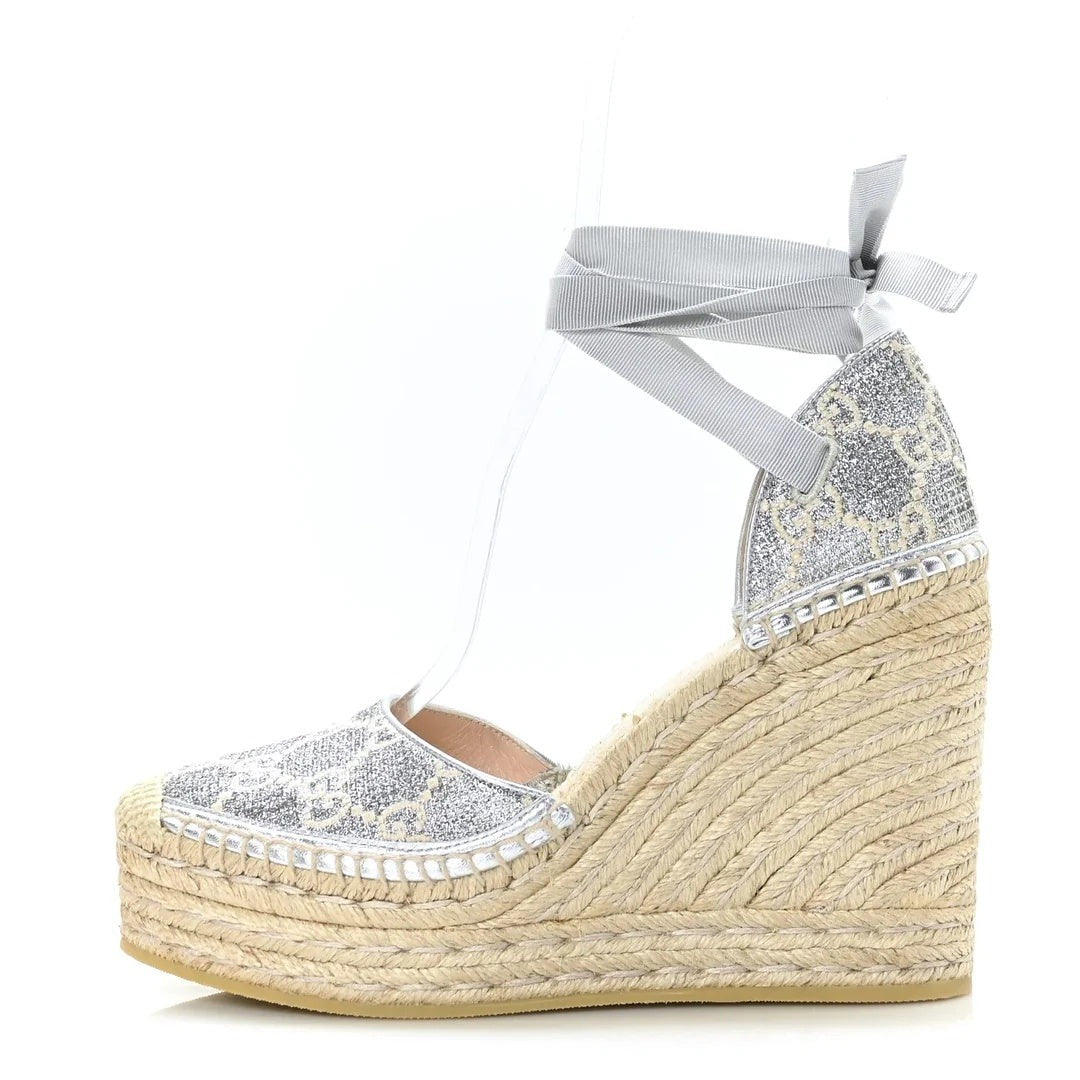 Gucci GG Raffia Monogram Ankle Wrap Platform Espadrille Wedge Sandals Silver