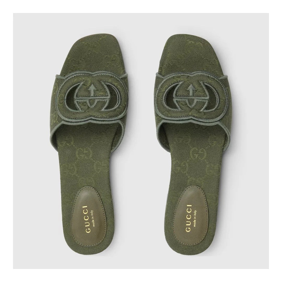Gucci Jane Embroidered Cotton Flat Slide Sandals Green