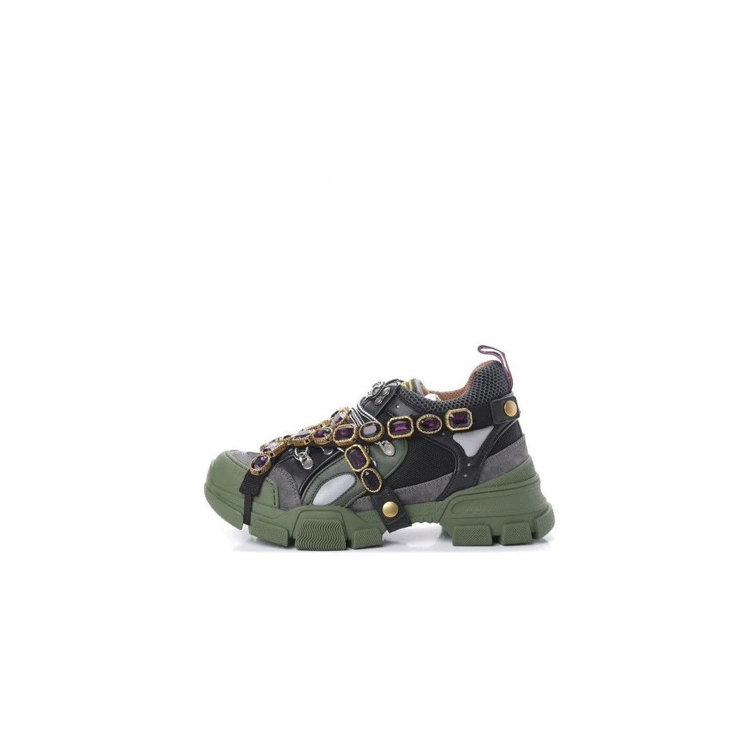 Gucci Flashtrek Mesh Calfskin Removable Crystals Sneakers Green