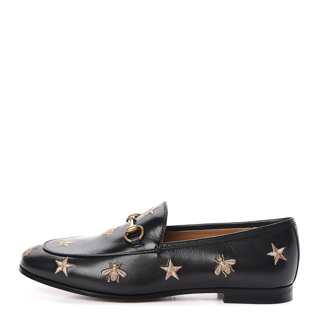 Gucci Goatskin Bee Star Embroidered Jordaan Loafers Black