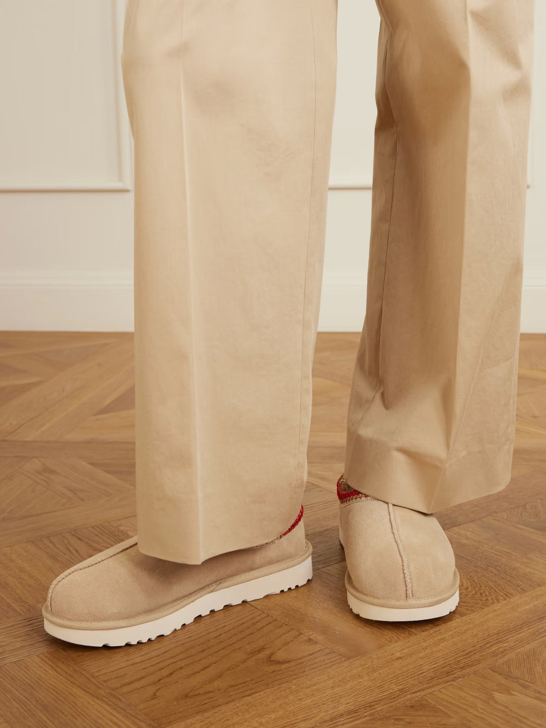 Tasman II Shearling-Lined Embroidered Suede Slippers Beige