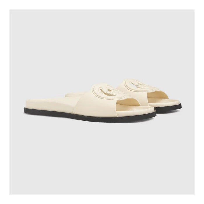 Gucci Jane Embroidered Cotton Flat Slide Sandals White & Cream