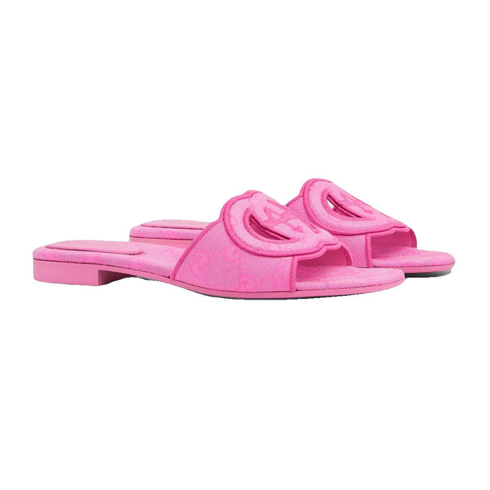 Gucci Jane Embroidered Cotton Flat Slide Sandals Pink