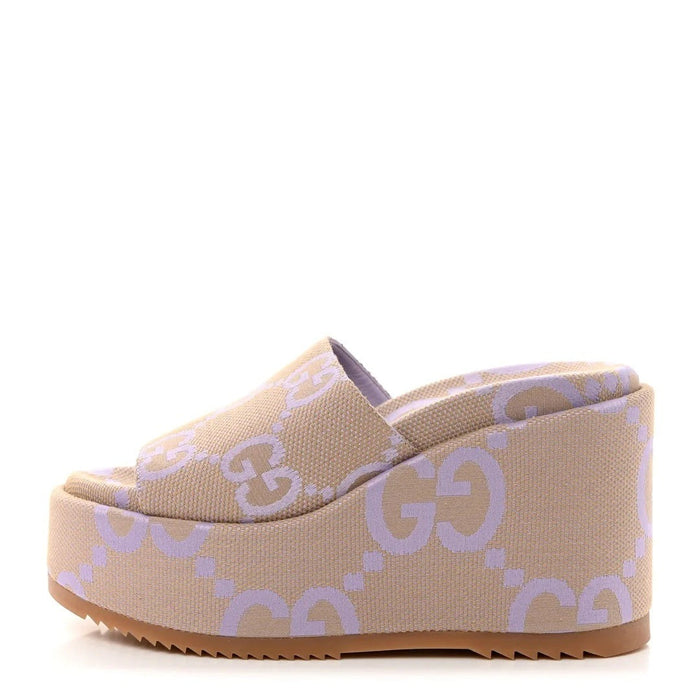 Gucci Monogram Jumbo GG Platform Slide Wedge Sandals Camel Ebony Lilac & Lavender