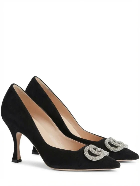 Gucci G Interlocking Suede & Crystal Pump Black