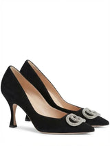 Gucci G Interlocking Suede & Crystal Pump Black 1