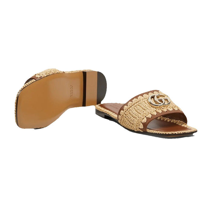 Gucci Slide Sandal With Double G, Leather Natural & Beige
