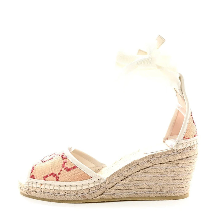 Gucci GG Raffia Monogram Ankle Wrap Platform Espadrille Wedge Sandals White & Pink