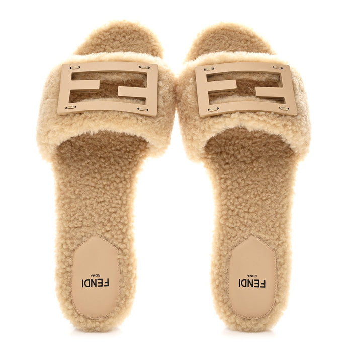 Fendi Baguette Shearling Slide in Beige Naturale