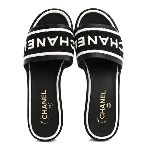 Chanel Lambskin Embroidered CC Mule Sandal 35 Black White