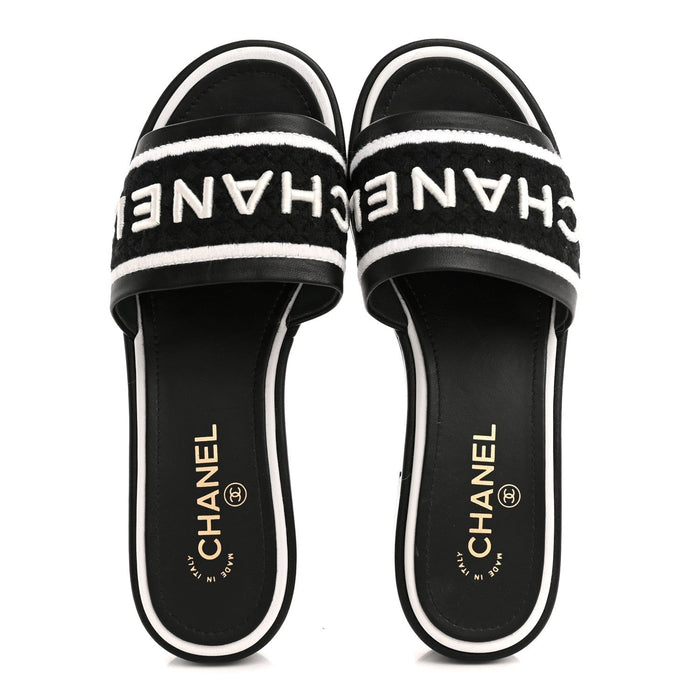 Chanel Lambskin Embroidered CC Mule Sandal 35 Black White