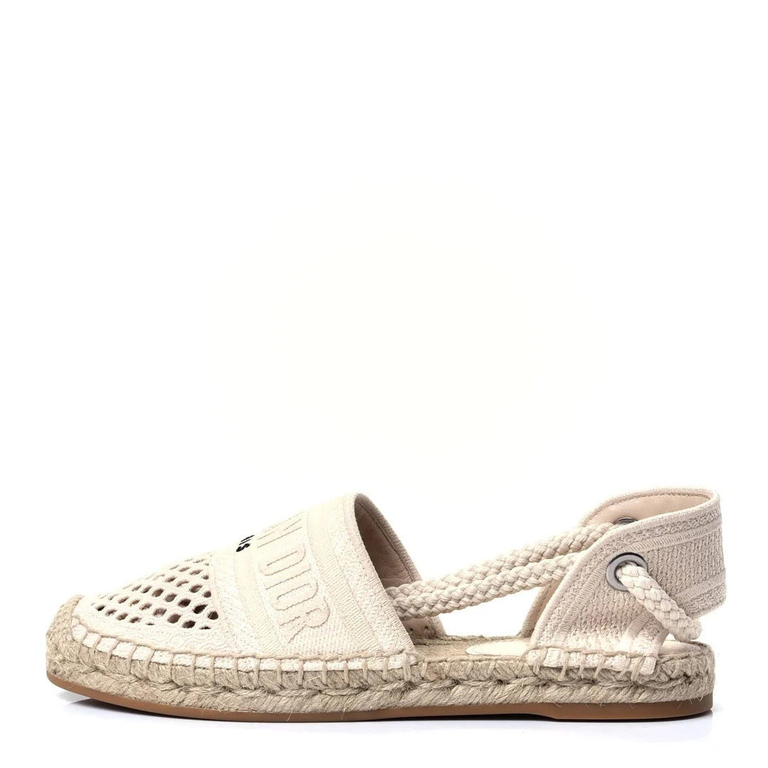 Christian Dior Canvas Embroidered Granville Ankle Tie Espadrille Flat Sandal Cream
