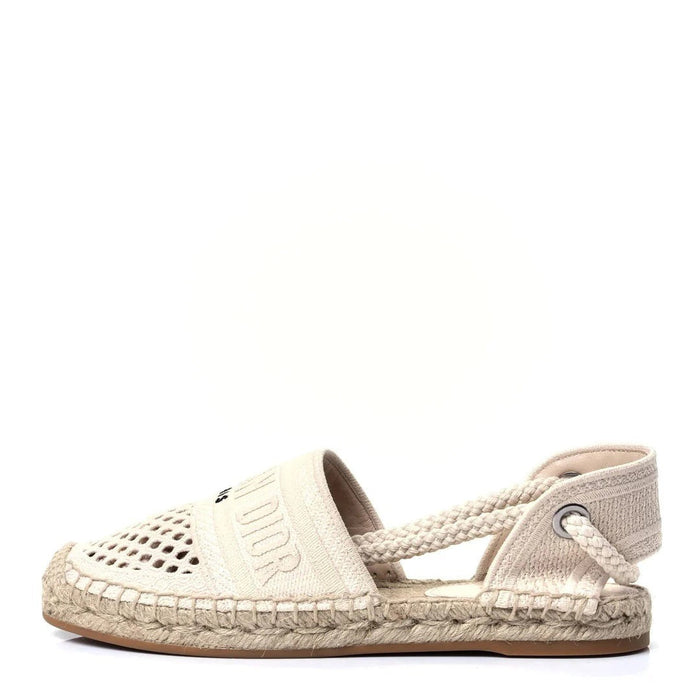 Christian Dior Canvas Embroidered Granville Ankle Tie Espadrille Flat Sandal Cream