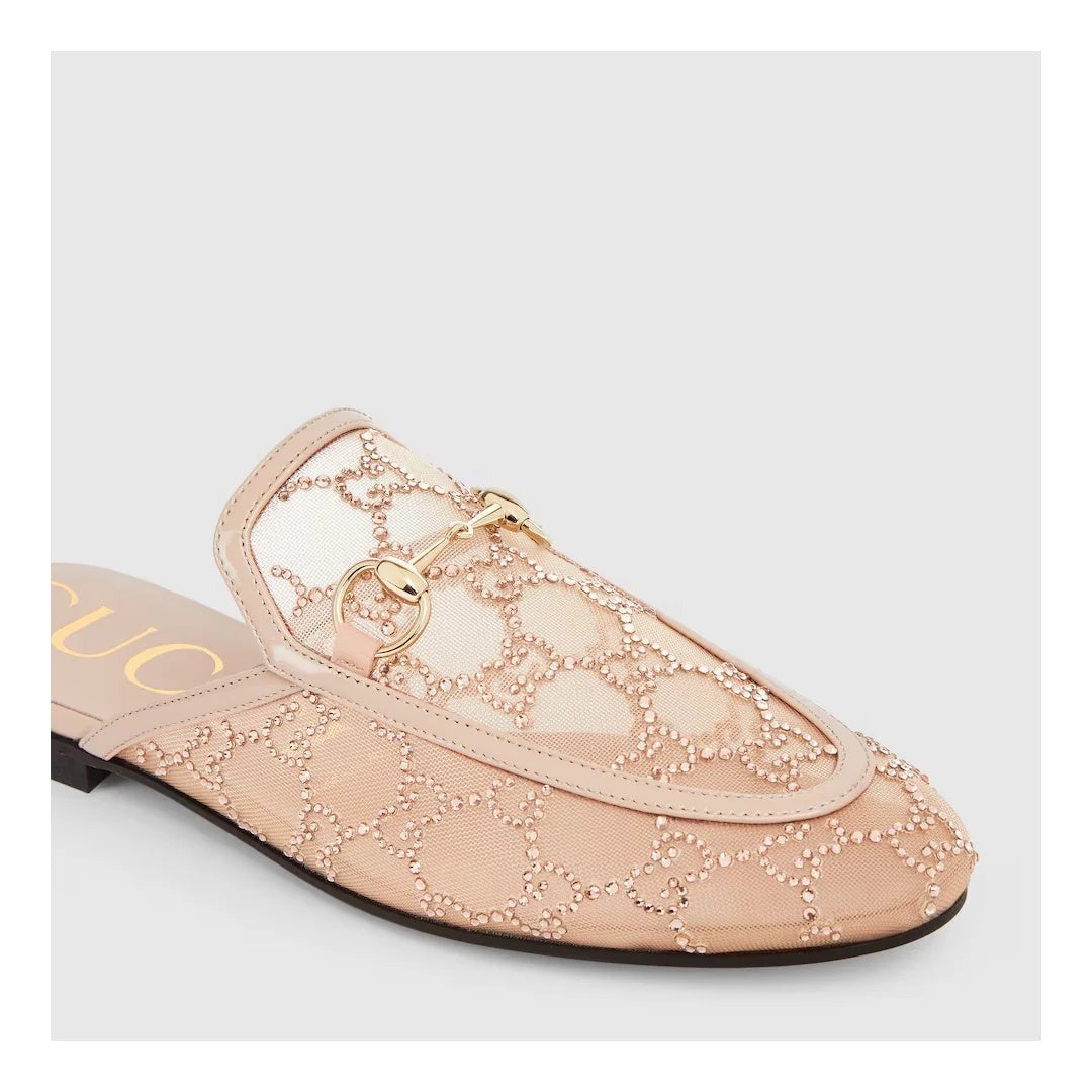 Gucci Princetown Crystal GG Mesh Mules Pink