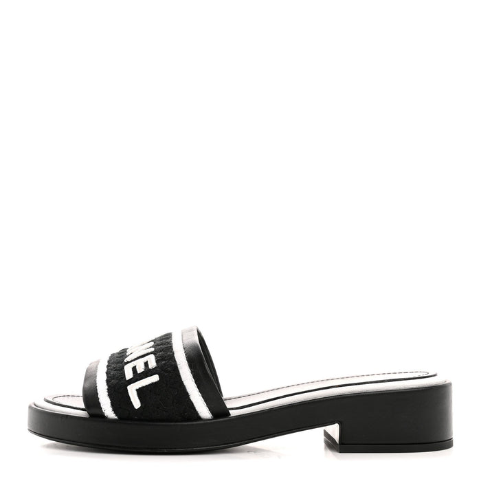 Chanel Lambskin Embroidered CC Mule Sandal 35 Black White