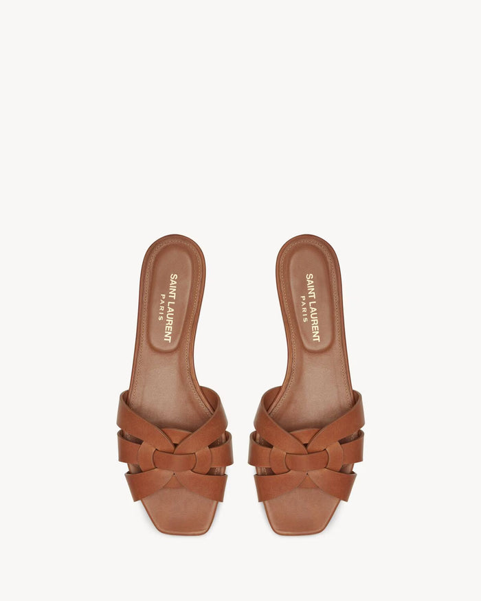 YSL Tribute Sandals in Smooth Leather Amber