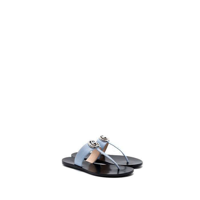 Gucci Leather Thong Sandal With Double G Leather Light Blue SHW