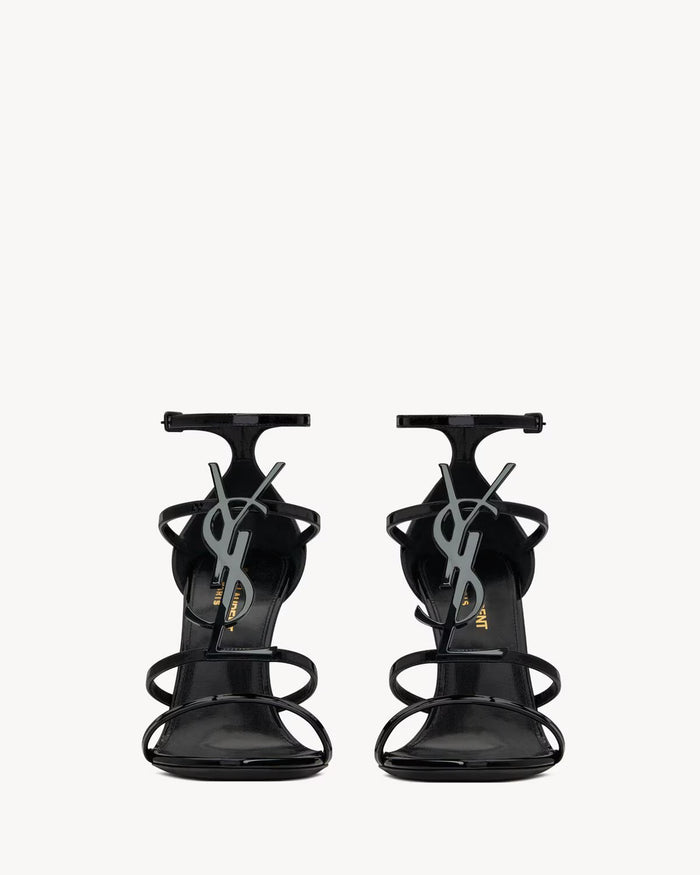 YSL Cassandra Sandals in Patent Leather Black Emblem