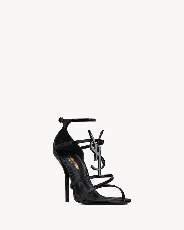 YSL Cassandra Sandals in Patent Leather Black Emblem