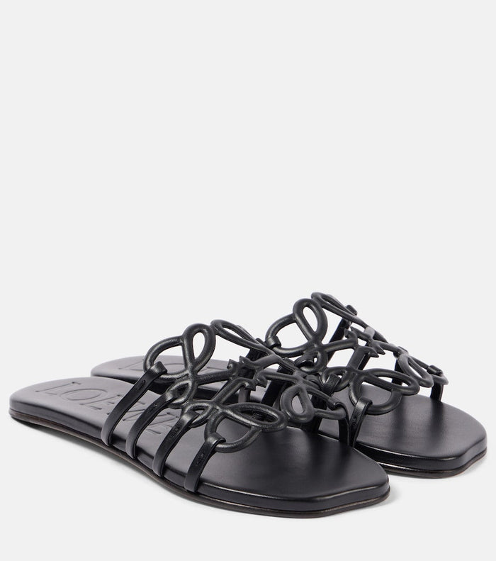Loewe Petal Anagram Slide in Black Calfskin
