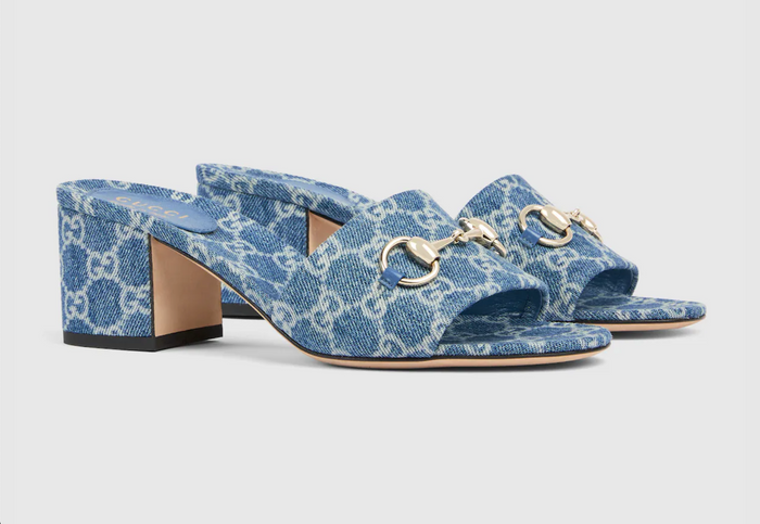 Gucci Platform Slide Sandal With Horsebit Blue Denim