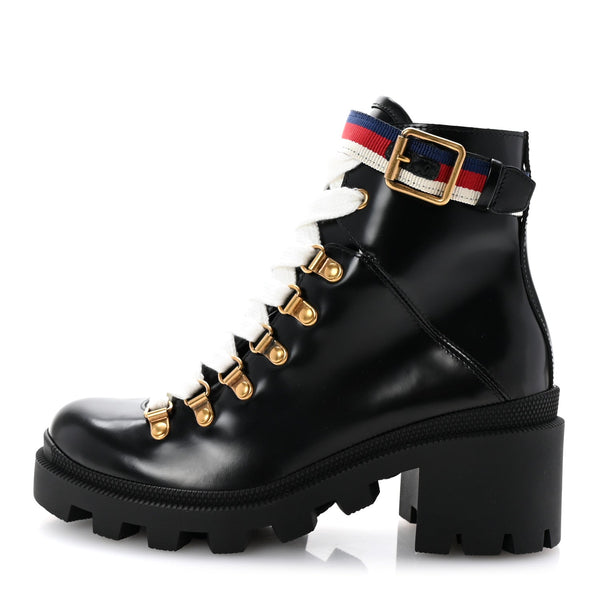 Gucci Sylvie Web Lace Up Combat Boots Black