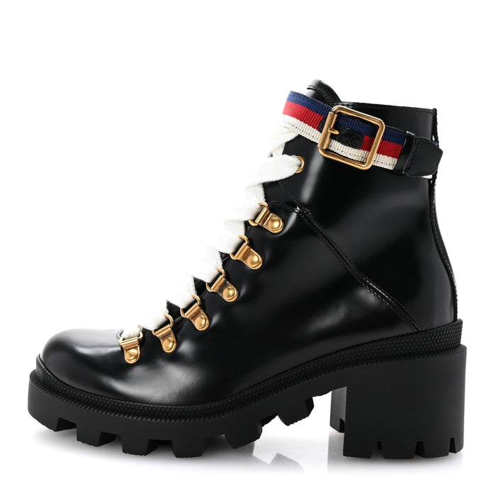 Gucci Sylvie Web Lace Up Combat Boots Black