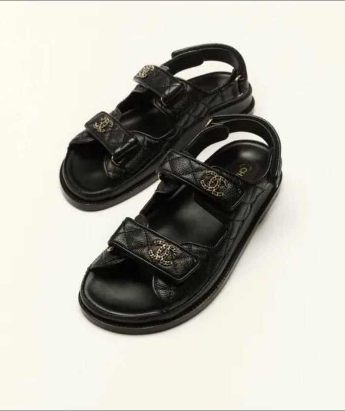 Chanel Dad Sandal in Black Quilted Caviar Leather