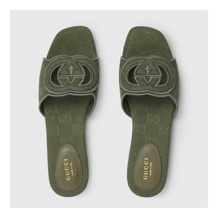 Gucci Jane Embroidered Cotton Flat Slide Sandals Green