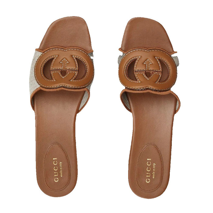 Gucci Jane Embroidered Cotton Flat Slide Sandals Brown