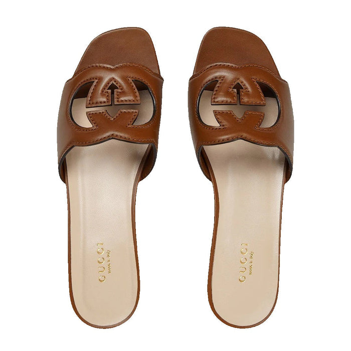 Gucci Jane Embroidered Cotton Flat Slide Sandals Brown