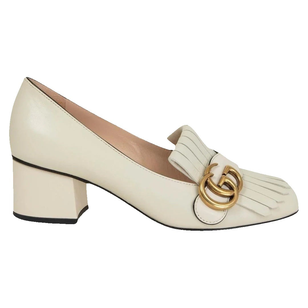 Gucci GG Marmont Fringe Platform High Heel Loafer Pumps White
