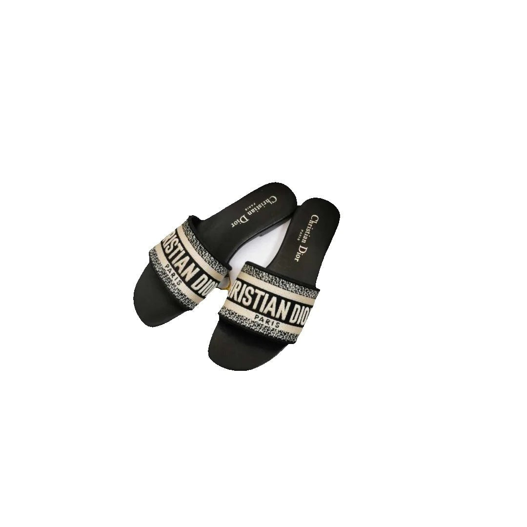 Christian Dior Cotton Embroidered D-Way Heeled Slide Sandal Dark Black & White (Flat, No Heel)