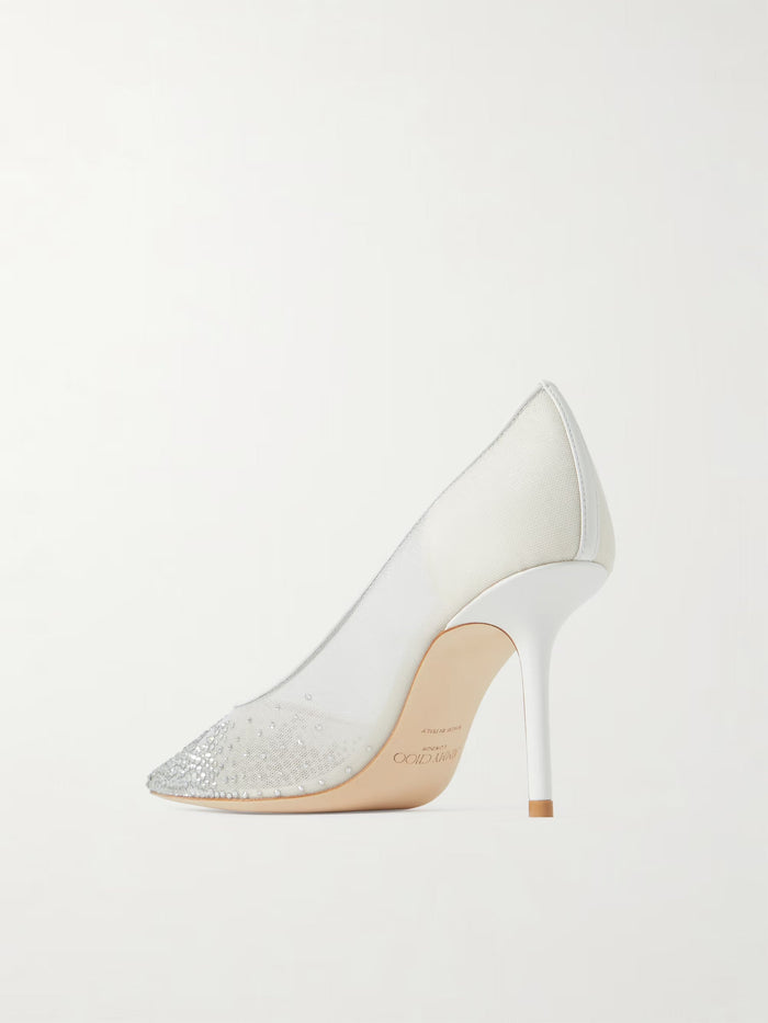 Jimmy Choo Love 85 Crystal-Embellished Leather-Trimmed Mesh Pumps White