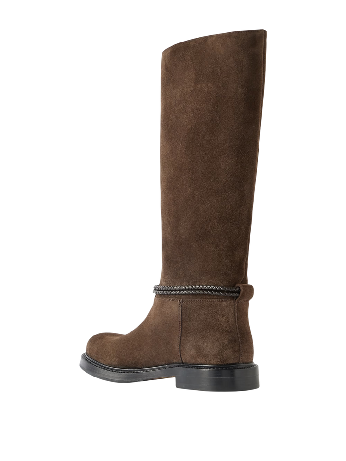 Bottega Veneta James Intrecciato Leather-Trimmed Suede Knee Boots