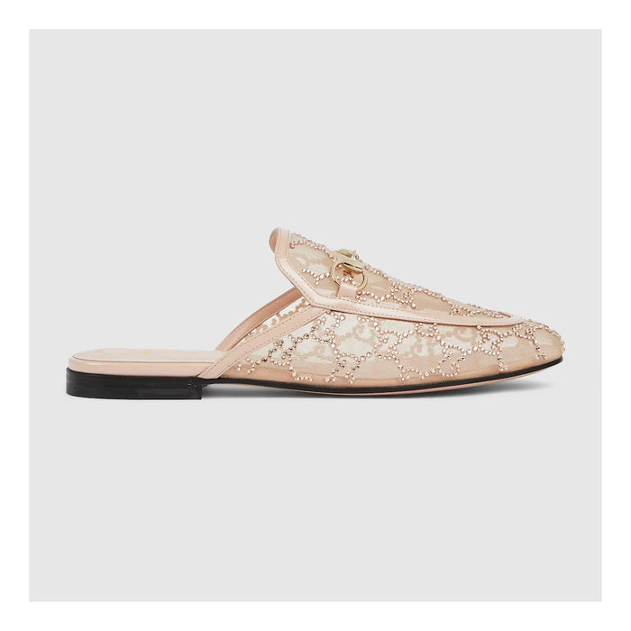 Gucci Princetown Crystal GG Mesh Mules White