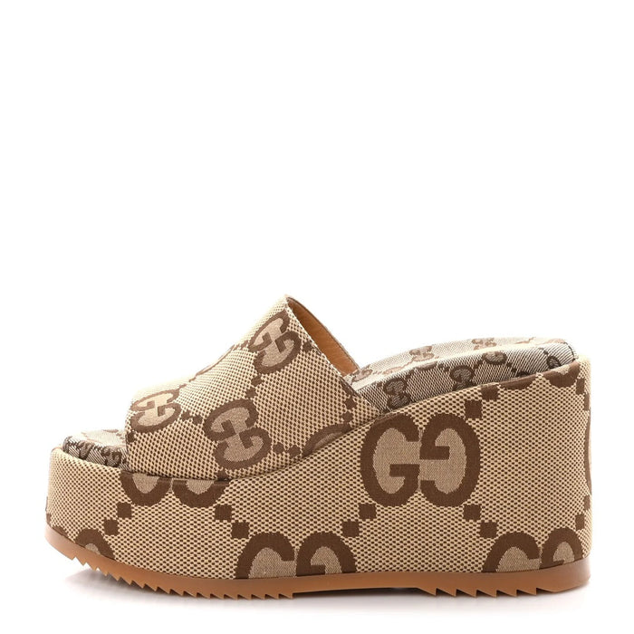 Gucci Monogram Jumbo GG Platform Slide Wedge Sandals Camel Ebony Camel