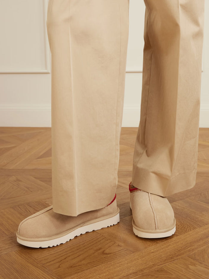 Tasman II Shearling-Lined Embroidered Suede Slippers Beige