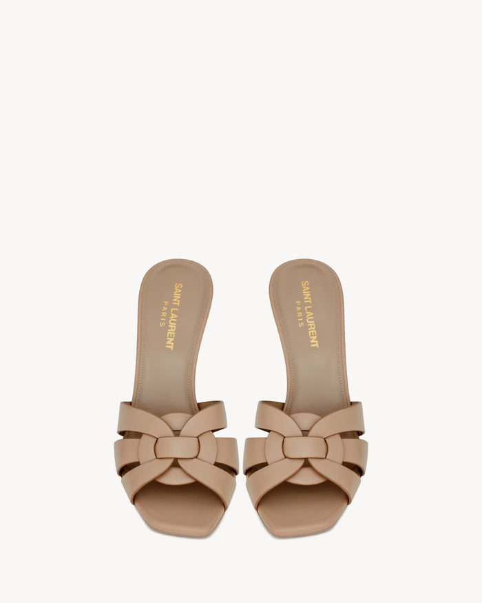 YSL Tribute Mules in Smooth Leather Dark Beige