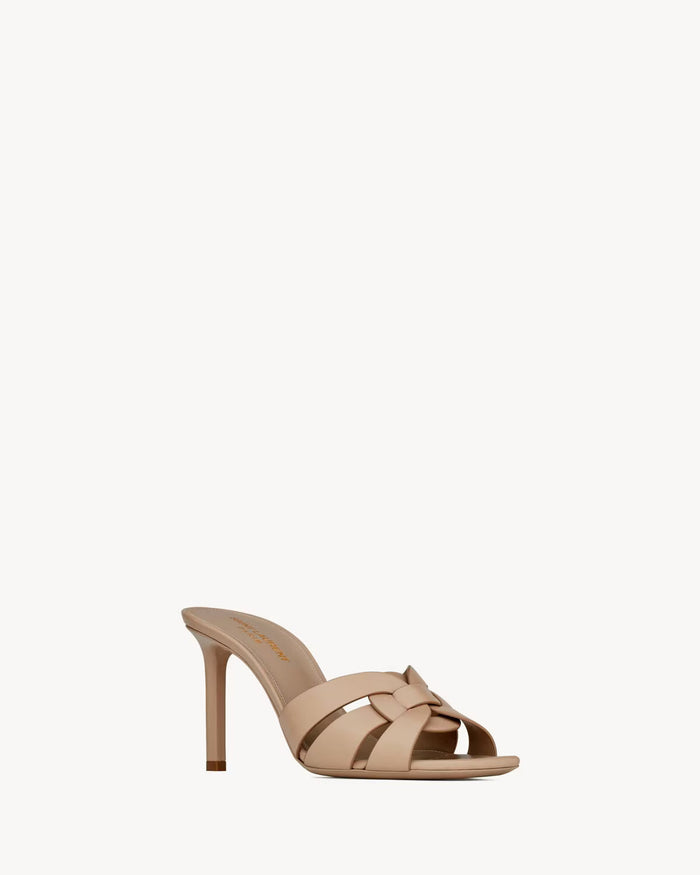 YSL Tribute Mules in Smooth Leather Dark Beige